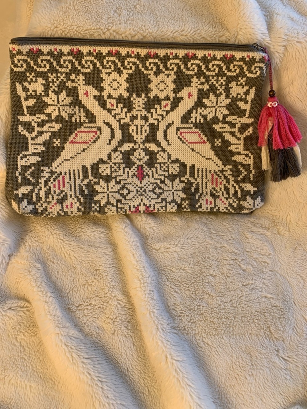 Star Mela Olive & Cream Embroidered Bird Zip Clutch with Pink Tassel